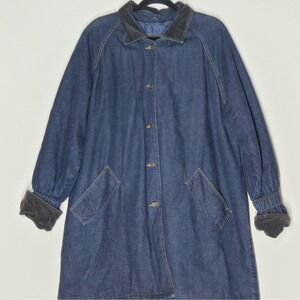 Vintage Jill Evans Denim Coat XL Duster Womens Button Up Lined Corduroy 80s